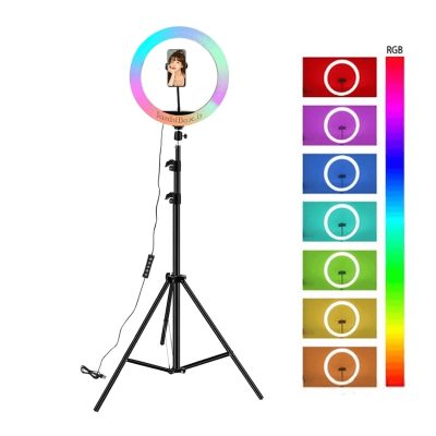 رینگ لایت رنگی مدل MJ26 رینگلایت آرجی بی سایز 10 اینچی همراه سه پایه فلزی دومتری